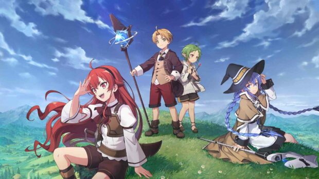Four Mushoku Tensei characters stand and sit on a grassy hill under a bright blue sky, HD Desktop Wallpaper