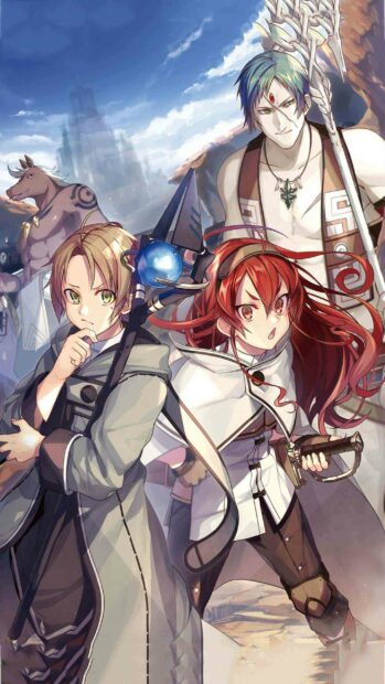 The characters from Mushoku Tensei are shown preparing for battle in a fantasy landscape, 2K Mobile Wallpaper