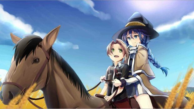 A boy and a girl ride a horse through a golden field under a blue sky in Mushoku Tensei jobless reincarnation