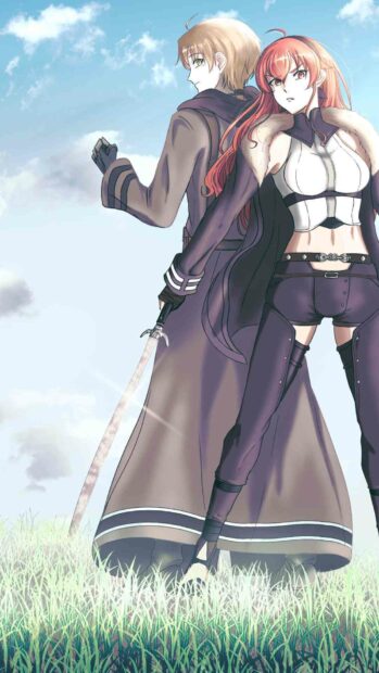 Two Mushoku Tensei characters stand back to back in a grassy field under a clear sky, HD Phone Wallpaper