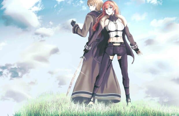 A man and a woman from Mushoku Tensei stand back to back on a grassy hill under a cloudy sky, 2K Desktop Wallpaper