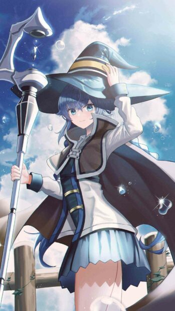 A character from Mushoku Tensei is holding a magical staff under a bright sky, 2K Mobile Wallpaper