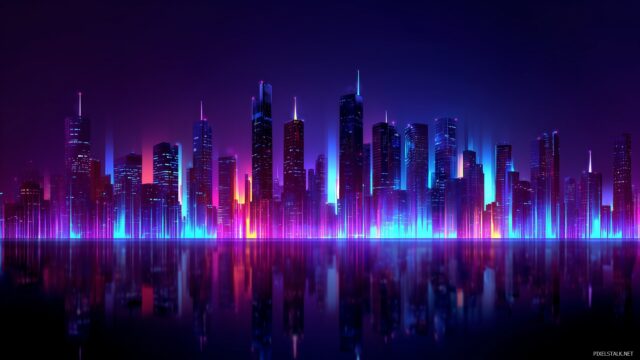 Music Background, A Futuristic City Skyline With Neon Lights Synchronized To A Musical Beat, Captivating For Any User