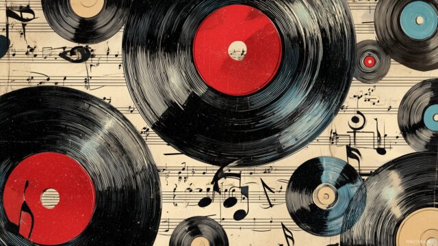 Music Background HD For Desktop, A Collage Of Vinyl Records And Musical Notes Set Against A Vintage Backdrop, Designed For Desktop Enjoyment