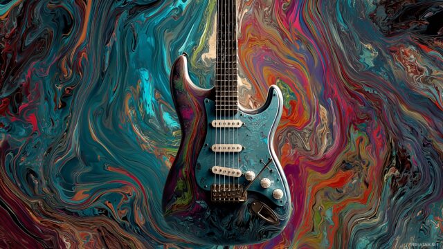Music Background HD For PC, An Intricate Design Of An Electric Guitar Surrounded By A Swirling Colorful Aura, Tailored For PC Viewing