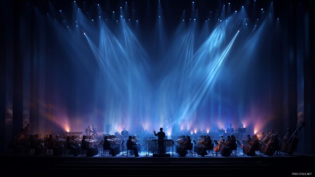 Music Background High Definition, A Grand Orchestra Performing Under Bright Stage Lights, Offering An Elegant Artistic View For Desktop