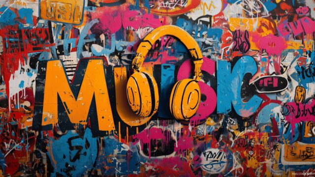 Music Desktop HD Background Free Download, Urban Street Art Featuring Vibrant Music Themed Graffiti, Perfect For A High Definition Backdrop