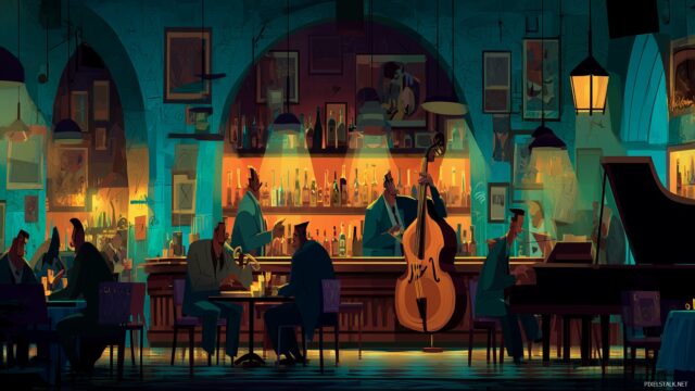 Music HD Background For Desktop Computer, A Cozy Jazz Bar Scene Filled With Musicians And Patrons, Set For A Warm Desktop Atmosphere