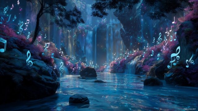 Music HD Background Free Download, A Fantasy World Where Music Notes Cascade Like Waterfalls In A Magical Landscape, Captivating For Digital Users
