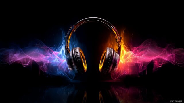 Music High Definition Desktop Background, Stylish Headphones Surrounded By Bright, Colorful Sound Waves, Enhancing Any Desktop Experience