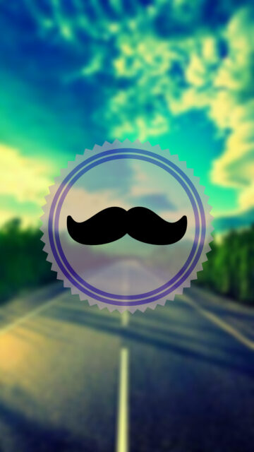 Mustache Wallpapers with Vintage Badge on Blurred Road and Scenic Sky Background