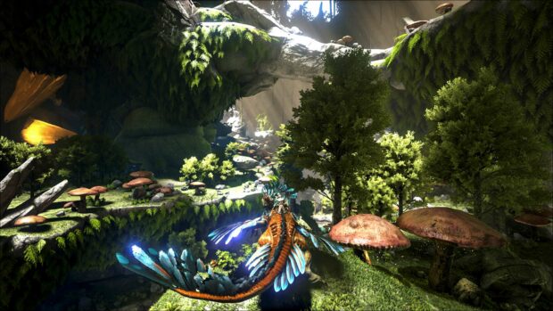 A character riding a dinosaur through a vibrant cave filled with vegetation and giant mushrooms in Ark Survival Evolved wallpapers