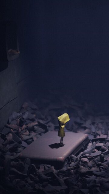 Mysterious Puzzle Game Wallpaper Featuring Character in Yellow Hood Standing on Suitcase Among Shoes