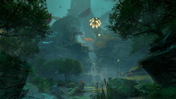 A dense jungle scene with various dinosaurs and glowing plants from Ark Survival Evolved, HD Desktop Wallpaper