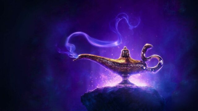 Mystical Aladdin Cartoon Lamp with Magical Purple Smoke Wallpaper