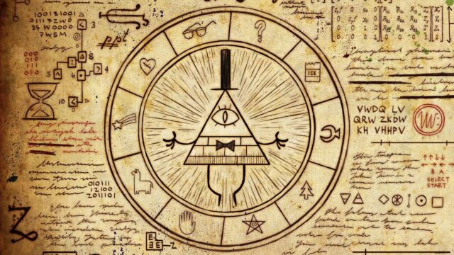 Mystical Ancient Manuscript Featuring Human Bill Cipher Symbols and Codes