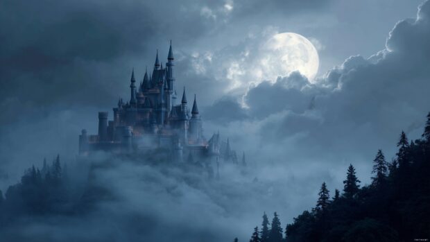 Mystical Disney Castle Backgrounds, a mysterious castle shrouded in fog, illuminated by moonlight, creating a hauntingly beautiful scene.