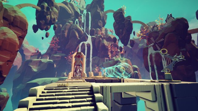 Mystical Floating Island Puzzle Game Wallpaper with Waterfalls and Ancient Artifacts