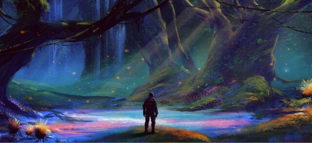 Mystical Forest Scene with a Lone Figure in Vibrant Nature Artwork Wallpaper
