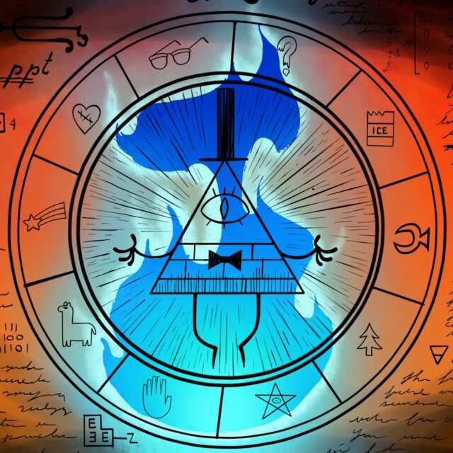 Mystical Human Bill Cipher with Blue Flames and Symbolic Circle Background Wallpaper