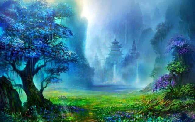 Mystical Nature Artwork Wallpaper with Blue Trees and Fantasy Mountain Temple Landscape