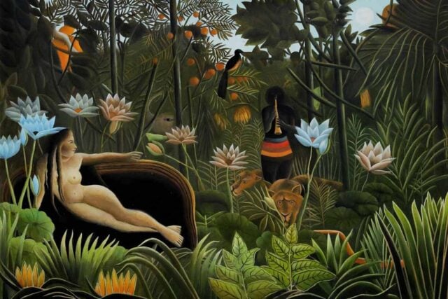 Mystical Nature Artwork Wallpaper with Woman Lions and Musician in Lush Forest