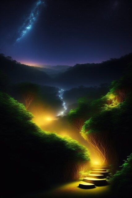 Mystical Night Forest with Glowing Pathway and Starry Sky Nature Artwork Wallpaper
