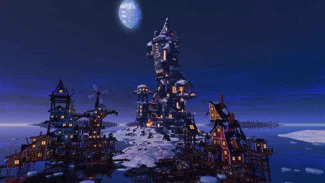 Mystical Tower and Village Night Scene Puzzle Game Wallpaper Landscape