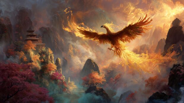 Mythical phoenix bird wallpapers, a whimsical portrayal of a phoenix in a fantasy landscape, blending magical elements with fiery wings.
