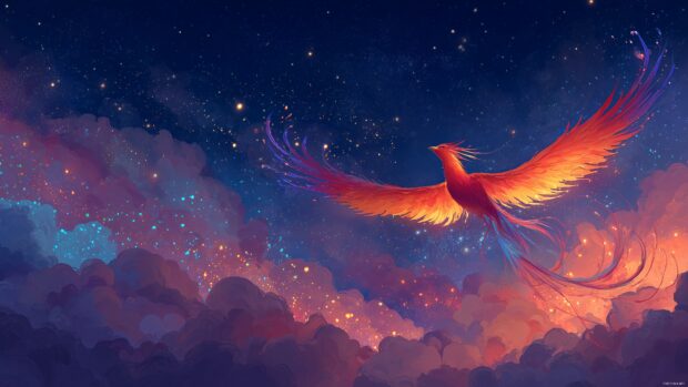 Mythical phoenix bird wallpapers, an enchanting scene of a mythical phoenix soaring through a twilight sky adorned with stars in vivid colors.