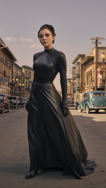 Natalie Dormer In Elegant Black Dress, Natalie Dormer Stands Confidently In A Sleek Black Dress On A Vintage Street Setting, 4K Phone Wallpaper