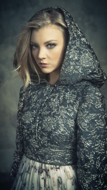 Natalie Dormer In Elegant Hooded Attire, Natalie Dormer Wears A Detailed Hooded Dress With Silver Patterns And Gazes Intently, 4K Phone Wallpaper