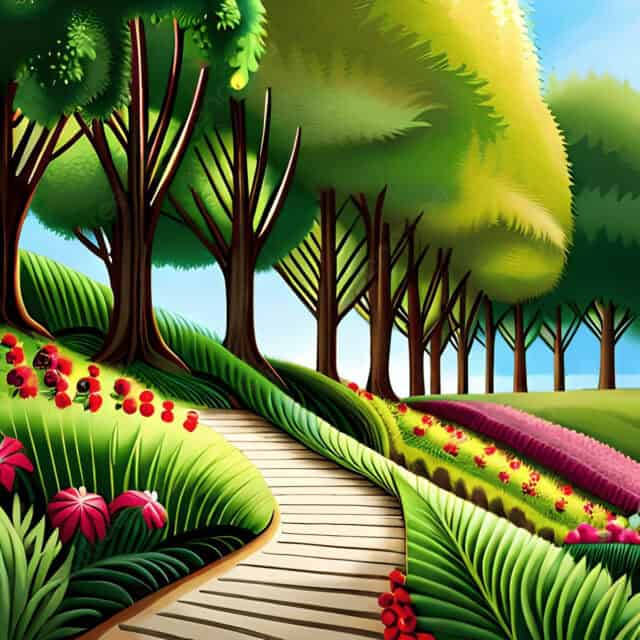 Nature Artwork Wallpaper with Vibrant Trees Flowers and Scenic Pathway in Digital Style