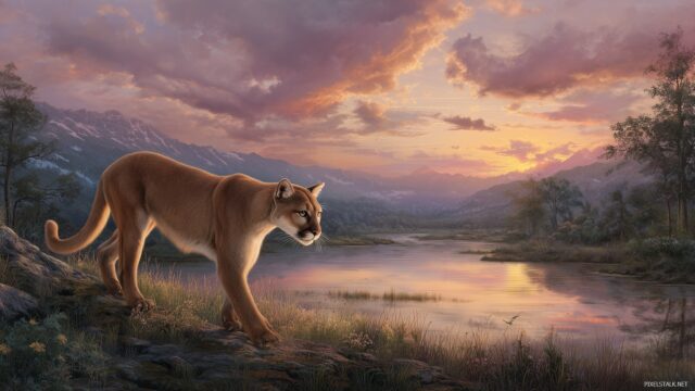 Nature Cougar Wallpaper HD, A Serene Landscape Featuring A Smooth Coated Cougar Walking Gracefully Along A Riverbank Under A Scenic Sunset