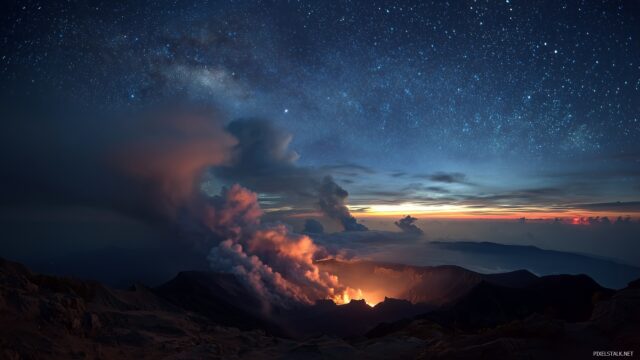 Nature full HD image backgrounds for PC, a breathtaking view of a volcanic landscape at dusk, with smoke rising and a night sky filled with stars.