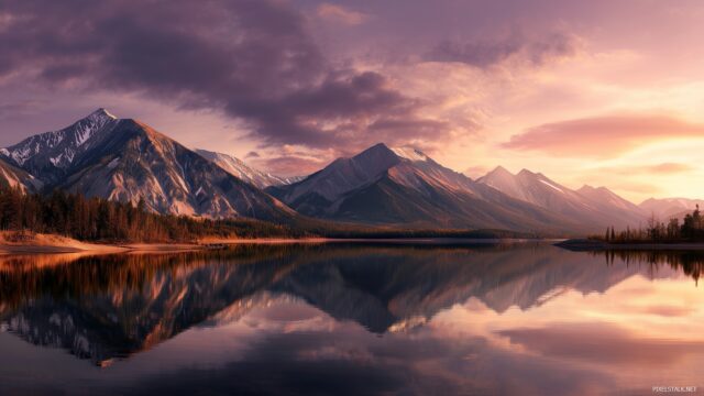 Nature full HD image backgrounds for PC, vast mountain landscapes with a serene lake reflecting the surrounding peaks during sunset.