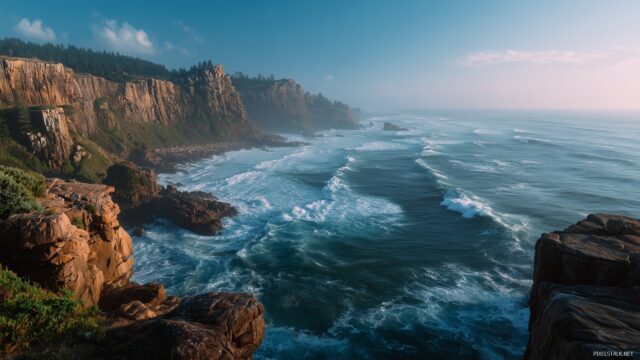 Nature full HD image beautiful landscapes, an expansive view of the ocean waves crashing against rugged cliffs at dawn.