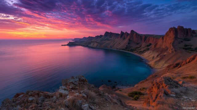 Nature full HD image beautiful landscapes, dramatic cliffs overlooking a serene bay during the golden hour, with vibrant colors in the sky.