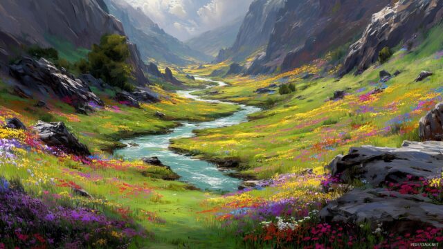 Nature full HD image for desktop wallpaper, a winding river flowing through a valley, flanked by colorful wildflowers and greenery.