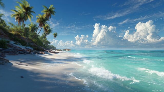 Nature full HD image scenery, a serene beach with white sands, gentle waves, and palm trees swaying in the breeze.