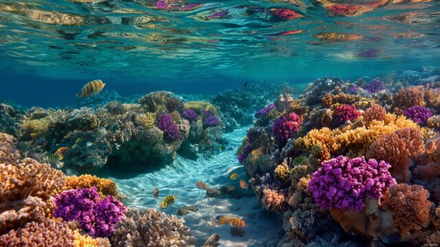 Nature wallpaper for desktop HD, a colorful coral reef teeming with marine life under crystal clear water.