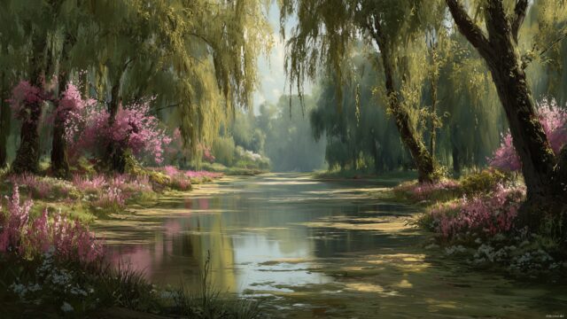Nature wallpaper for desktop HD, a peaceful riverside scene lined with willows and blooming flowers.