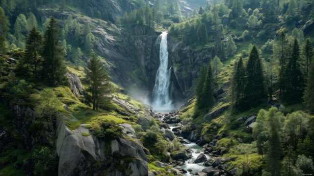 Nature wallpaper for desktop aesthetic, a majestic waterfall cascading down a rocky cliff surrounded by greenery.
