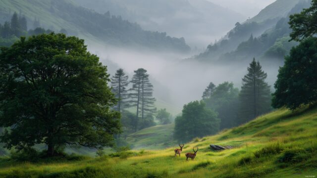 Nature wallpaper for desktop aesthetic, a misty morning in a lush green valley with grazing deer.