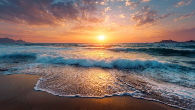 Nature wallpaper for desktop aesthetic, an enchanting sunset over a tranquil beach with gentle waves lapping at the shore.