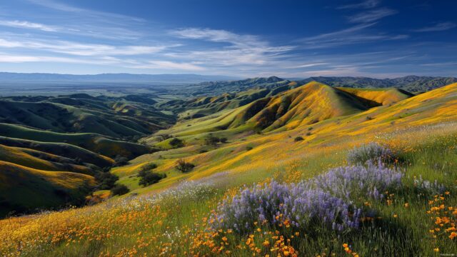 Nature wallpaper for desktop download, a breathtaking view of rolling hills covered in wildflowers under a blue sky.