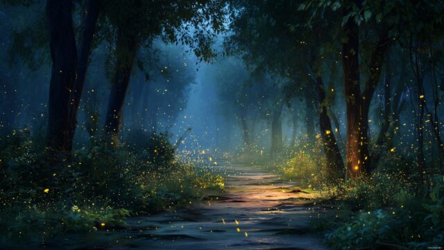 Nature wallpaper for desktop download, a magical forest path illuminated by soft glow of fireflies at dusk.