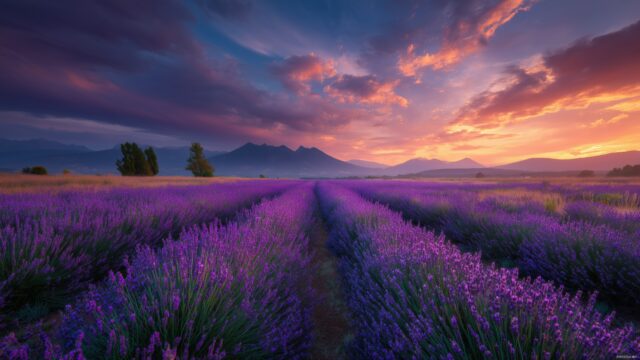 Nature wallpaper for desktop download, an expansive field of lavender with a distant view of mountains at sunset.