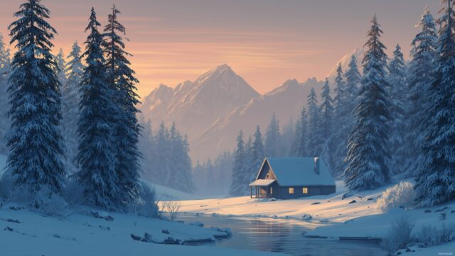 Nature wallpaper for desktop free, a tranquil snowy landscape with a cozy cabin nestled among tall pine trees.