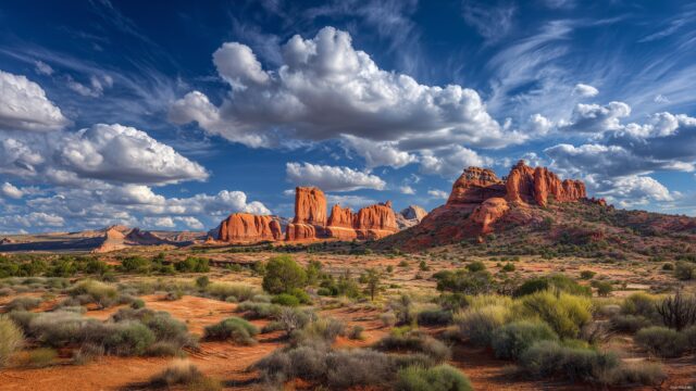 Nature wallpaper for desktop free, a vibrant desert landscape with dramatic red rock formations and a vast sky.